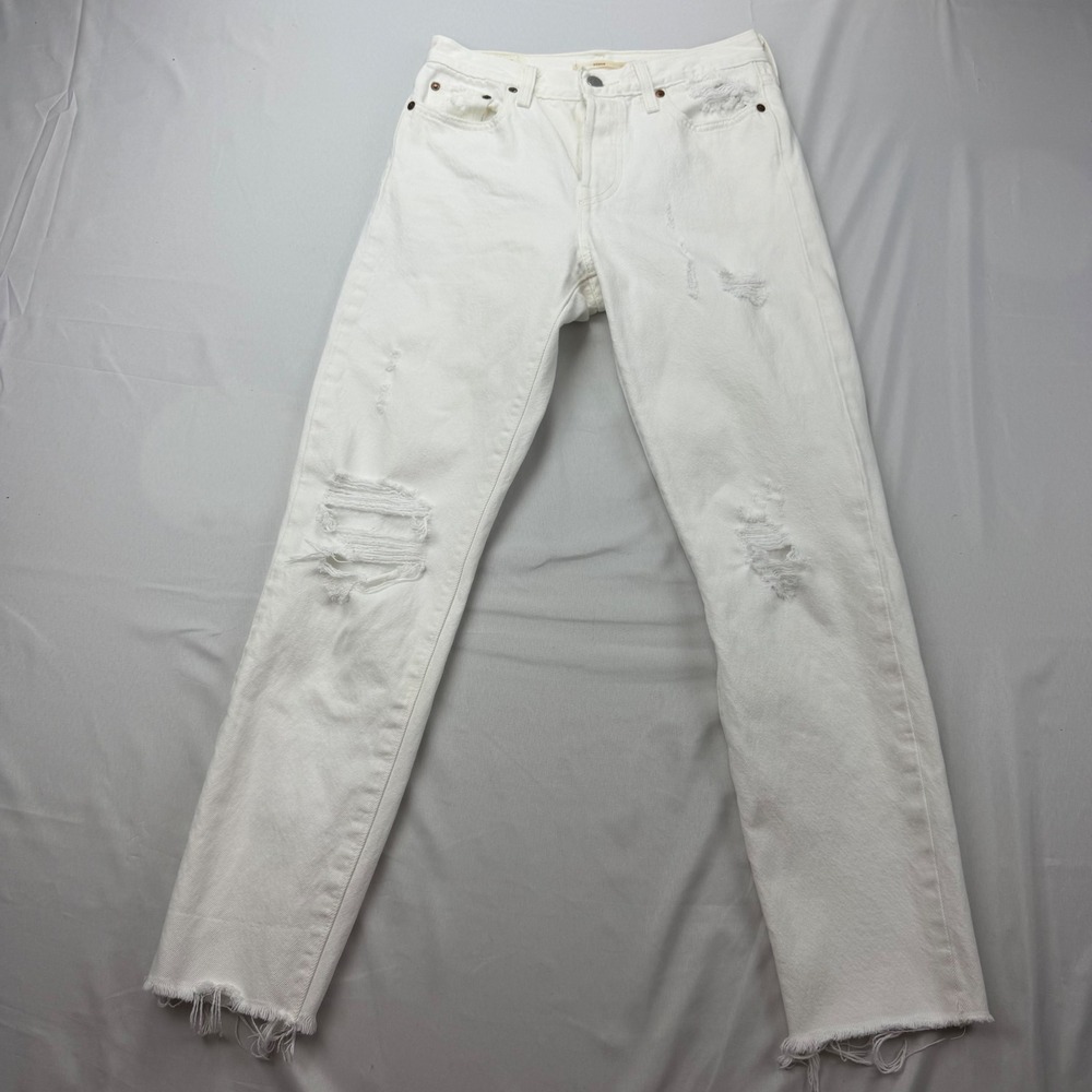 Levi's Premium Wedgie Straight Jeans Women 26 White Distressed Raw Hem 340197